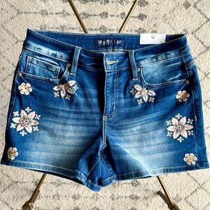 Miss Me Blue Jean Shorts with Floral Embellishments